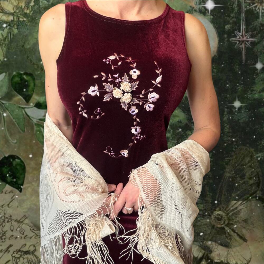 Vintage Burgundy Velvet Maxi Dress | Embroidered Floral | 90s Romantic Goth
